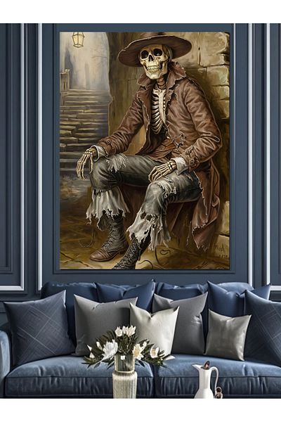 Tablomega Cowboy Themed Skeleton Decorative Canvas - Mdf Wooden Painting
