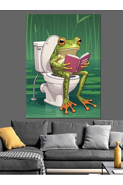 Tablomega Frog Reading a Book Decorative Canvas in the Toilet - Mdf Wooden Painting