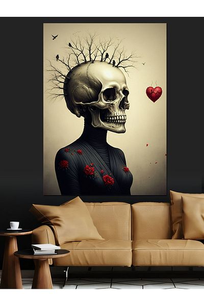Tablomega Skeleton with Heart on Head Decorative Canvas - Mdf Wooden Painting