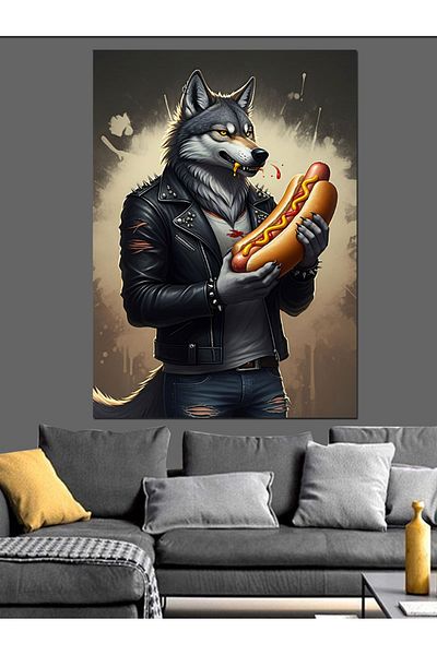 Tablomega Wolf Holding a Sausage Decorative Canvas - Mdf Wooden Painting