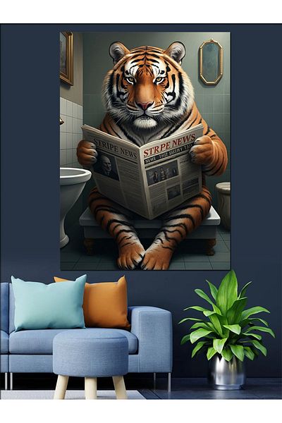 Tablomega Tiger Reading Newspaper in the Toilet Decorative Canvas - Mdf Wooden Painting