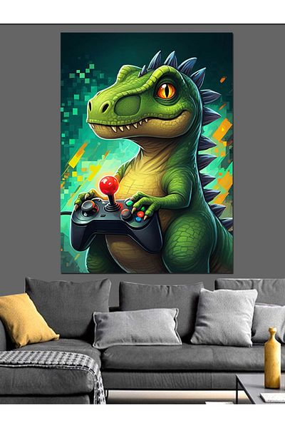 Tablomega Dinozaur care ține Joystick Pânză Decorativă - Lemn MDF
