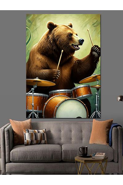 Tablomega Drum Playing Bear Decorative Canvas - Mdf Wooden Table