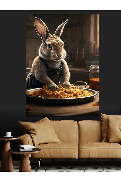 Tablomega Bulgur Kneading Rabbit Decorative Canvas - Mdf Wooden Table