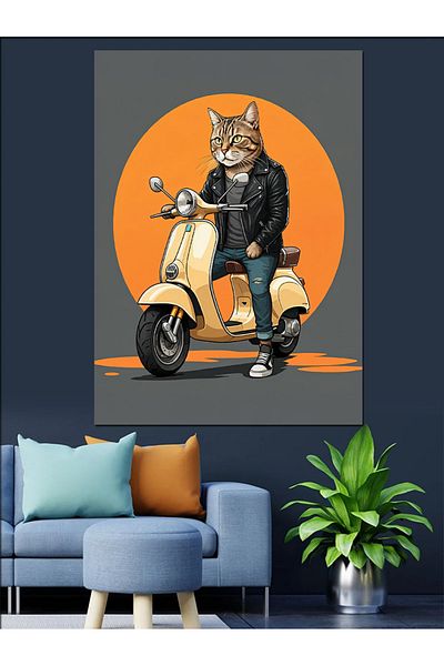 Tablomega Cat Driving Scooter Decorative Canvas - Mdf Wooden Painting