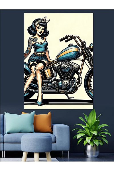 Tablomega Pânză Decorativă Femeie Motocicletă - Lemn MDF