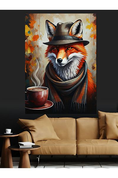 Tablomega Fox Drinking Coffee Decorative Canvas - Mdf Wooden Painting