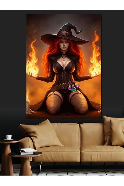 Tablomega Flaming Witch Woman Decorative Canvas - Mdf Wooden Painting