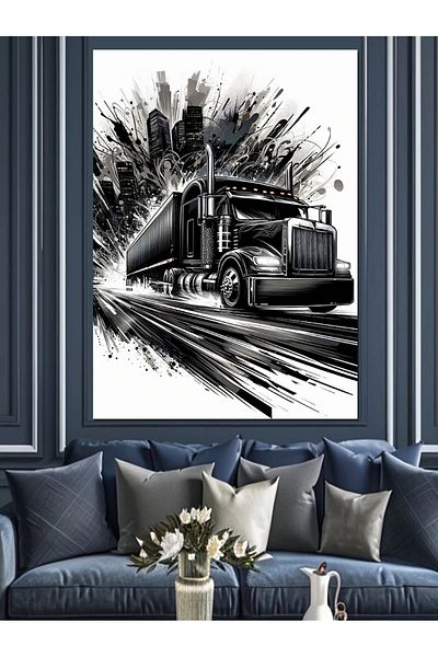 Tablomega Black-White Truck Drawing Decorative Canvas - Mdf Wooden Painting