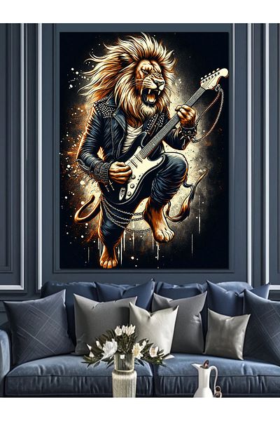 Tablomega Lion Playing Guitar Decorative Canvas - Mdf Wooden Painting