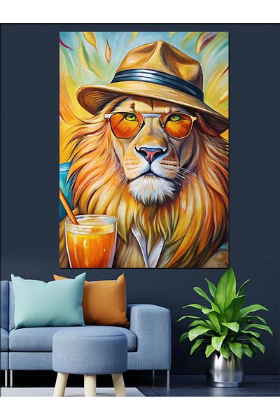 Tablomega Lion Tropic Purtând Ochelari Pânză Decorativă - Lemn MDF Pictat