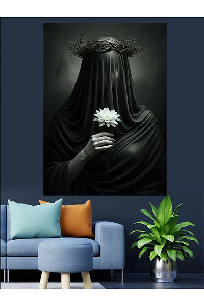 Tablomega Woman Holding Flowers with Black Scarf Decorative Canvas - Mdf Wooden Painting