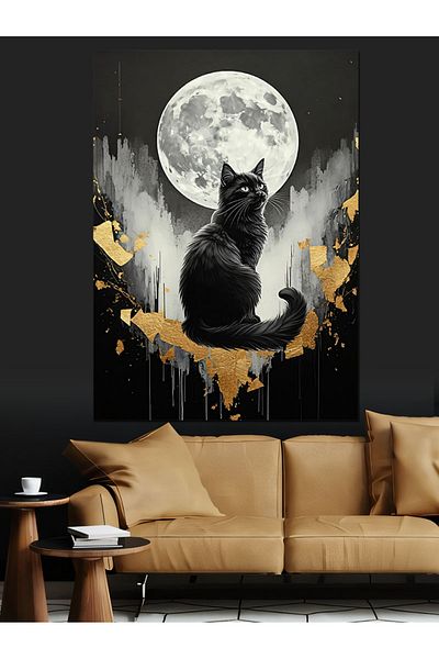Tablomega Moon and Black Cat Decorative Canvas - Mdf Wooden Painting