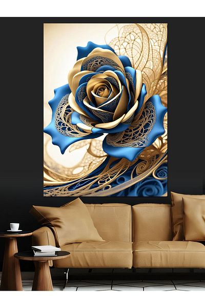 Tablomega Blue Rose Decorative Canvas - Mdf Wooden Table