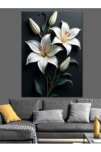 Tablomega White Lily Bouquet Decorative Canvas - Mdf Wood Table