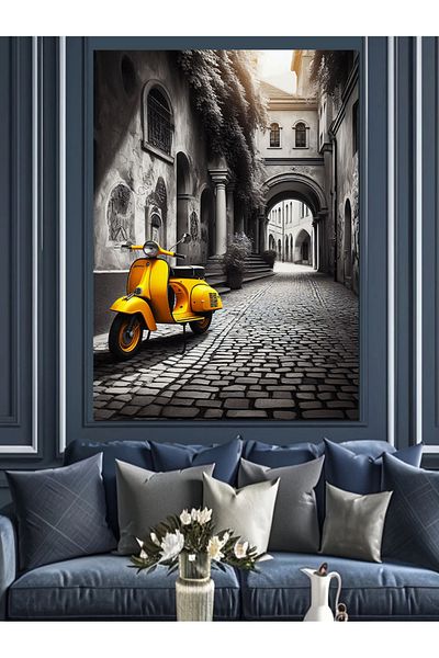 Tablomega Vespa Galbenă pe o stradă îngustă Pânză decorativă - Lemn MDF