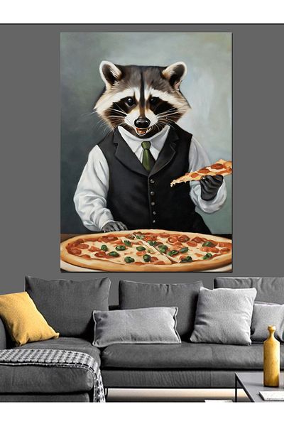 Tablomega Pizza Raccoon Decorative Canvas - Mdf Wooden Table