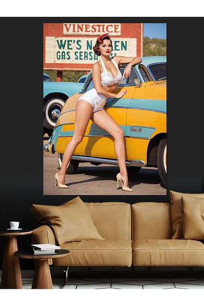 Tablomega Taxi Galben și Pânză Decorativă Retro Femei - Lemn MDF