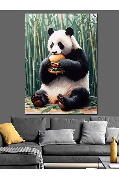 Tablomega Panda care mănâncă bambus și hamburger Pânză decorativă - Lemn MDF