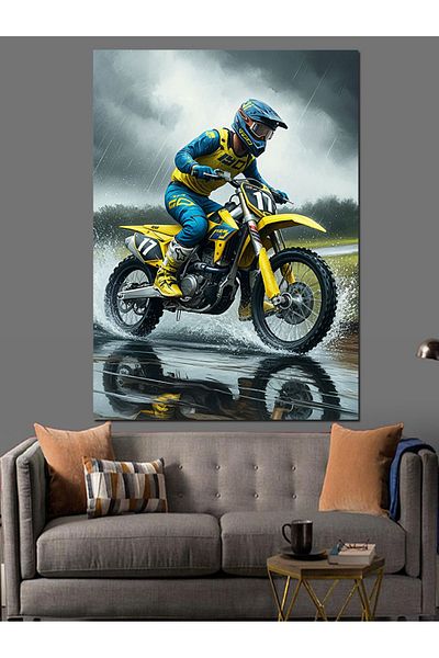 Tablomega Rainy Motocross Decorative Canvas - Mdf Wooden Painting