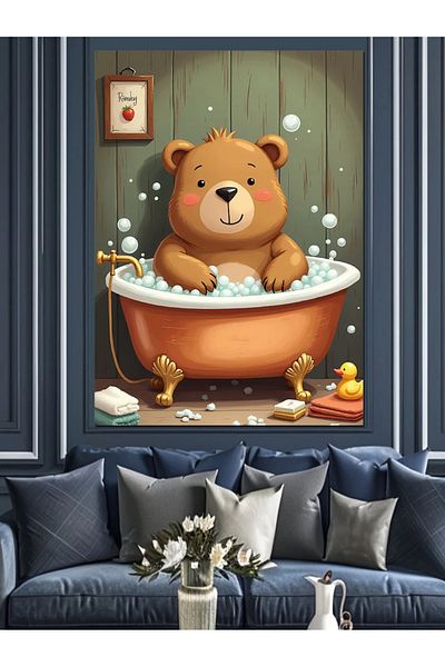 Tablomega Happy Teddy Bear in the Bathtub Decorative Canvas - Mdf Wooden Painting