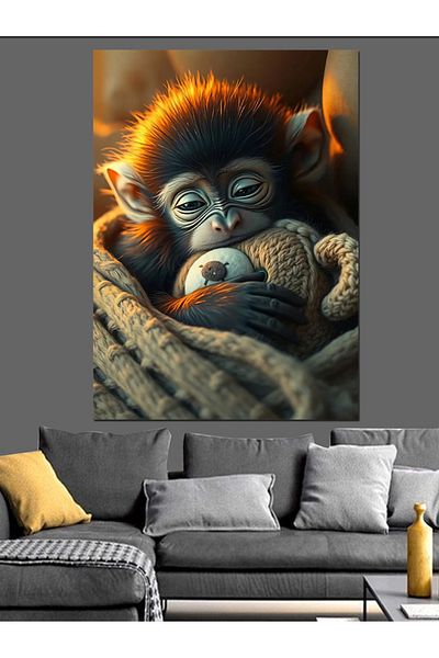 Tablomega Napping Baby Monkey Decorative Canvas - Mdf Wooden Painting