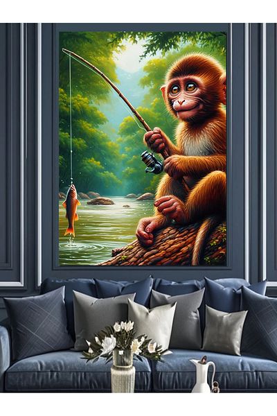 Tablomega Monkey Holding a Fish Decorative Canvas - Mdf Wooden Painting
