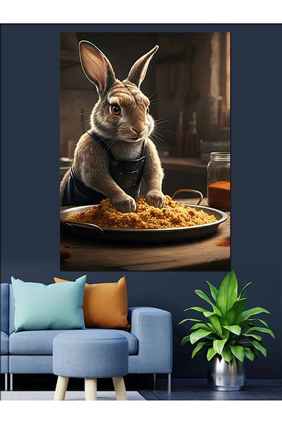 Tablomega Bulgur Kneading Rabbit Decorative Canvas - Mdf Wooden Table