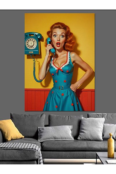 Tablomega Woman in Blue Dress Decorative Canvas on the Phone - Mdf Wooden Painting