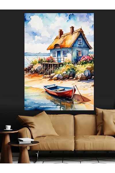 Tablomega House and Boat on the Shore Decorative Canvas - Mdf Wooden Painting