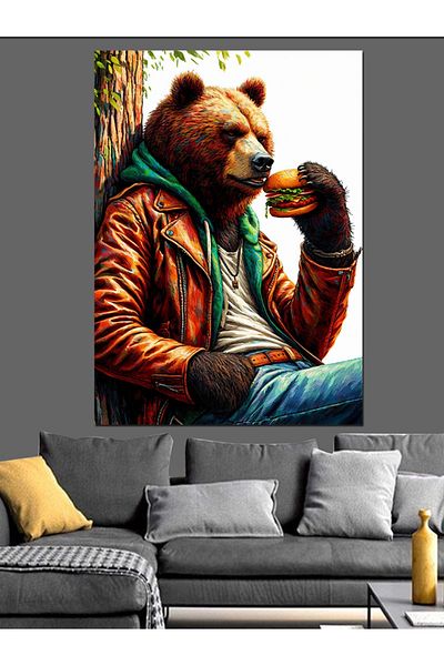 Tablomega Bear Eating Hamburger Decorative Canvas - Mdf Wooden Painting