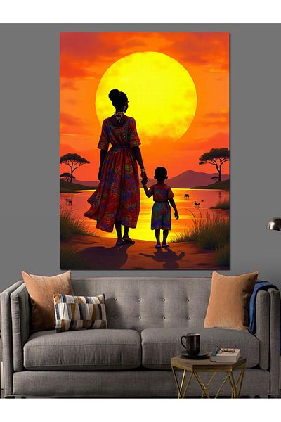 Tablomega Mother and Child on Sunset Decorative Canvas - Mdf Wooden Painting