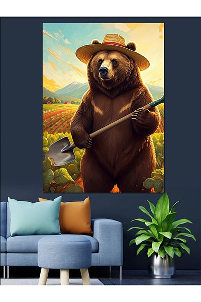 Tablomega Bear in Hat Decorative Canvas in Nature Landscape - Mdf Wooden Painting
