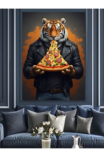 Tablomega Tiger Eating Pizza in Leather Jacket Decorative Canvas - Mdf Wooden Painting
