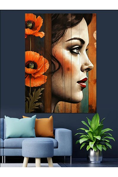 Tablomega Pictură Decorativă Pânză Portret Femeie Floare Floarea Mătici - Lemn MDF