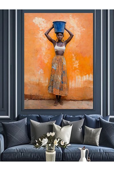 Tablomega Woman Decorative Canvas with Orange Wall - Mdf Wooden Painting