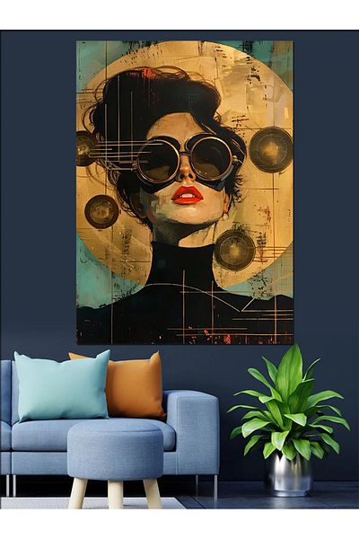 Tablomega Pânză decorativă pentru femei cu ochelari retro - masă din lemn MDF