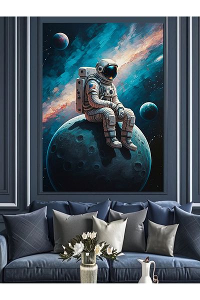 Tablomega Astronaut Șezut pe Luna Pânză Decorativă - Lemn MDF
