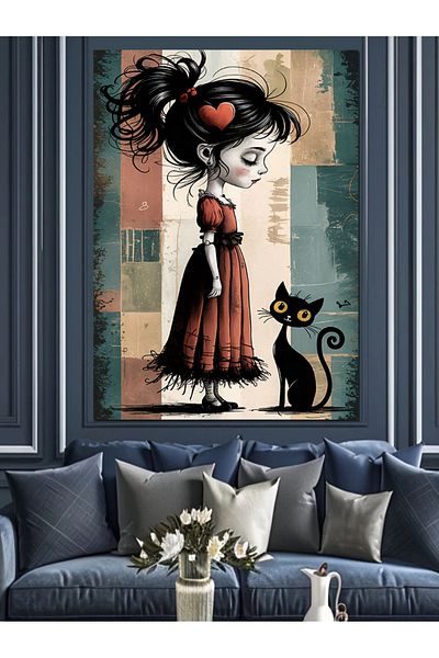 Tablomega Sad Girl and Cat Decorative Canvas - Mdf Wooden Painting