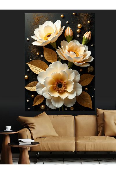 Tablomega Gold Colored Flowers Decorative Canvas - Mdf Wooden Painting