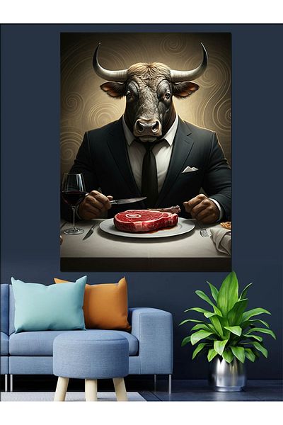 Tablomega Meat Eating Bull Decorative Canvas - Mdf Wooden Painting