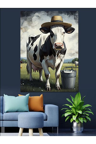 Tablomega Cow with Cowboy Hat Decorative Canvas - Mdf Wooden Painting