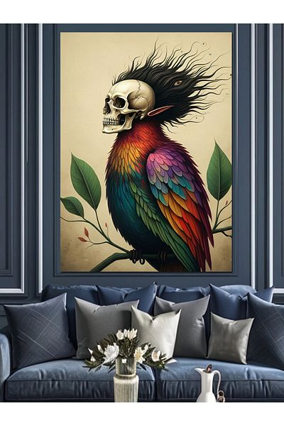 Tablomega Parrot with Skeleton on Head Decorative Canvas - Mdf Wooden Painting