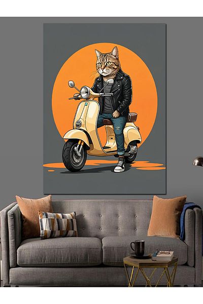 Tablomega Cat Driving Scooter Decorative Canvas - Mdf Wooden Painting