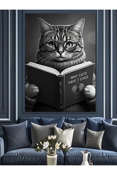 Tablomega Cat Reading a Book Decorative Canvas - Mdf Wood Art Print