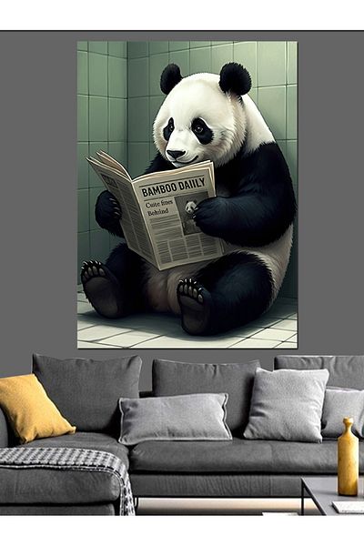 Tablomega Panda Reading Newspaper Decorative Canvas - Mdf Wooden Painting