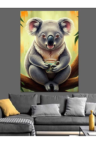 Tablomega Coffee Drinking Koala Decorative Canvas - Mdf Wooden Table