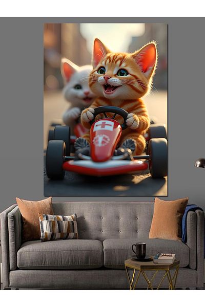 Tablomega Cat Driving a Go-Kart Decorative Canvas - Mdf Wooden Painting