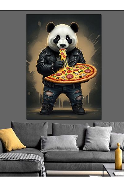 Tablomega Panda Holding Pizza Decorative Canvas - Mdf Wooden Table