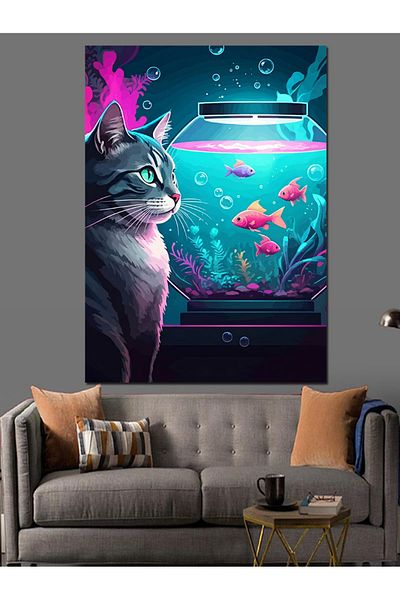 Tablomega Aquarium Cat Decorative Canvas - Mdf Wooden Painting